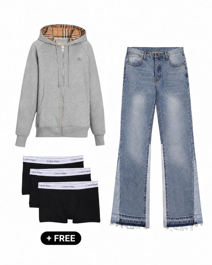 Soft Grey – Outfit by LF – Burberry vest grijs, Halden flared denim middenblauw en gratis Calvin Klein boxershorts