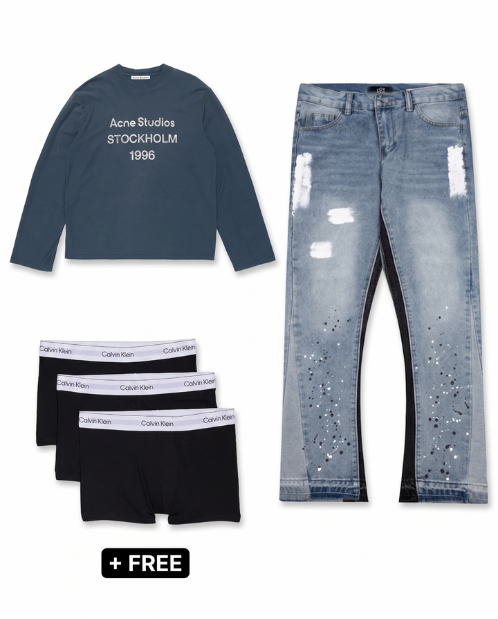 Deep Blue – Outfit by LF – Acne Studios long sleeve, Lysaro flared denim en gratis Calvin Klein boxershorts