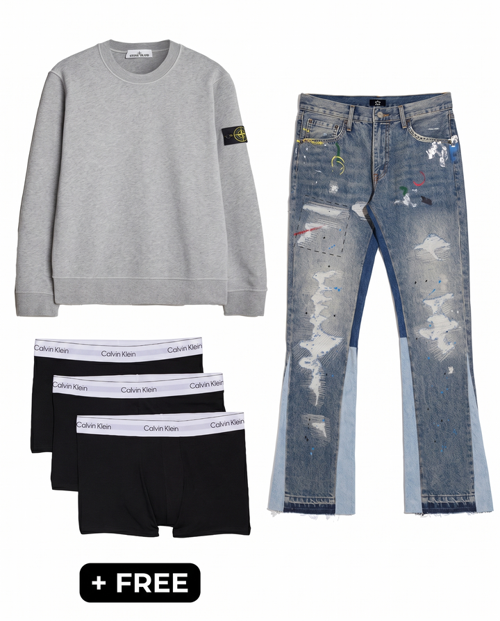 Grey Stone – Outfit by LF – Stone Island sweater, Eric flared denim en gratis Calvin Klein boxershorts