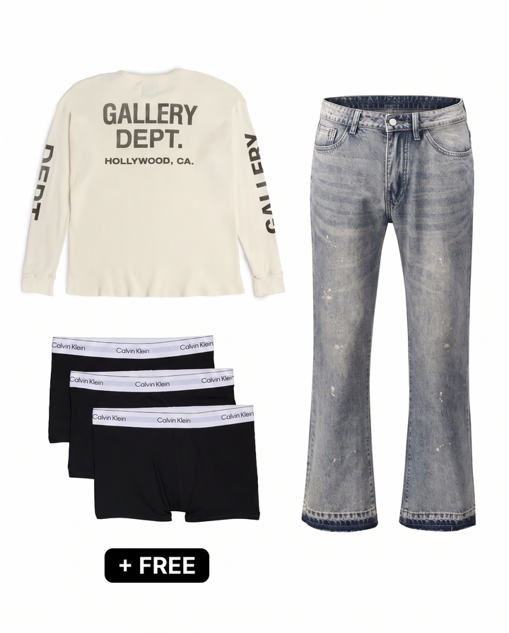 Off White – Outfit by LF – Gallery Dept longsleeve, Asaro flared denim en gratis Calvin Klein boxershorts