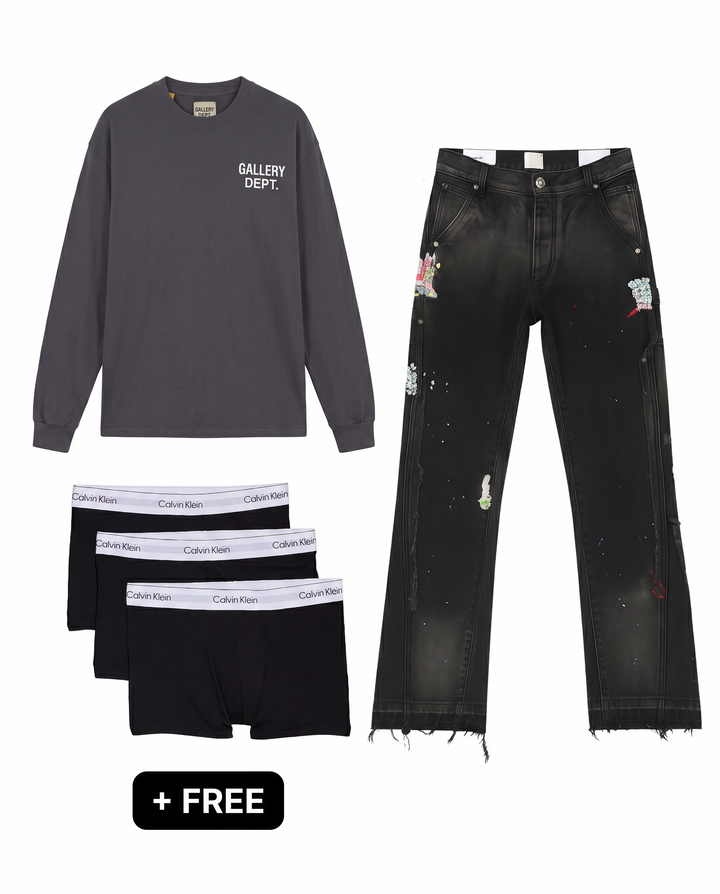 Dark Dept – Outfit by LF – Gallery Dept. long sleeve antraciet, Aopatchi jeans zwart en gratis Calvin Klein boxershorts