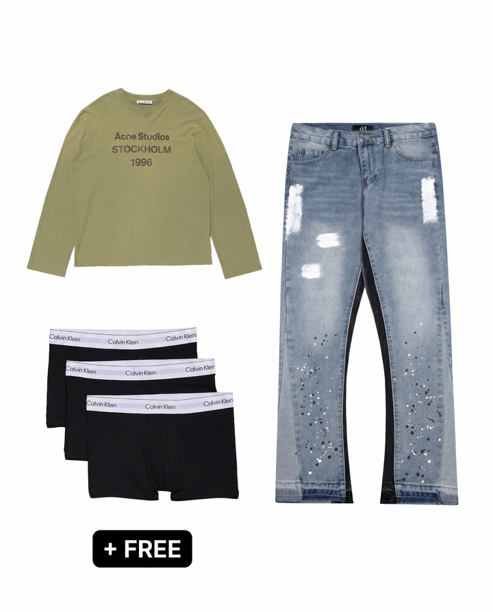 Olive – Outfit by LF – Acne Studios long sleeve groen, Lysaro flared denim en gratis Calvin Klein boxershorts