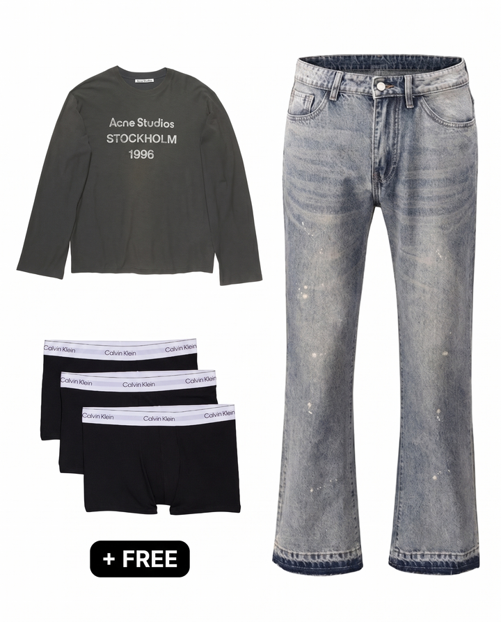 Washed Black – Outfit by LF – Acne Studios long sleeve zwart, Asaro flared denim en gratis Calvin Klein boxershorts