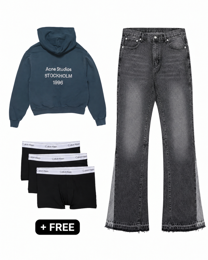 Stockholm Hoodie – Outfit by LF – Acne Studios hoodie blauw, Halden flared denim donkergrijs en gratis Calvin Klein boxershorts