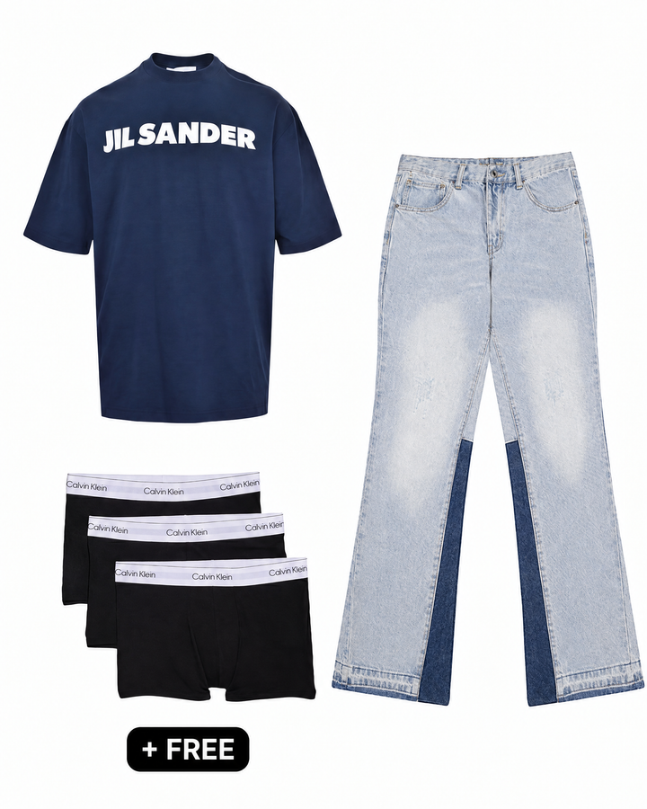 Clean Navy – Outfit by LF – Jil Sander T-shirt marineblauw, Halden flared denim lichtblauw en gratis Calvin Klein boxershorts