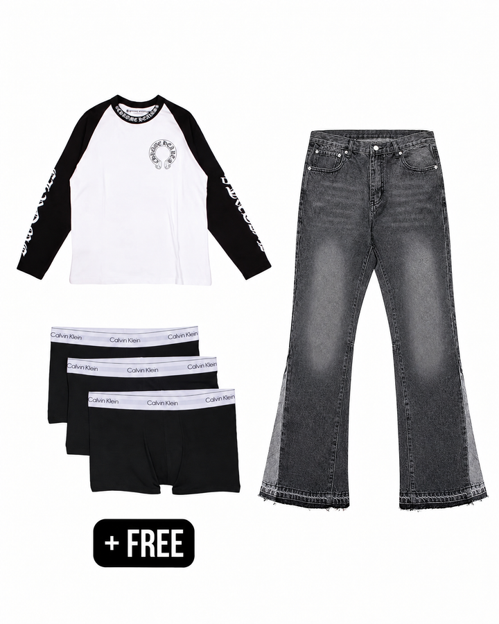 Black & White – Outfit by LF – Chrome Hearts long sleeve, Halden flared denim donkergrijs en gratis Calvin Klein boxershorts